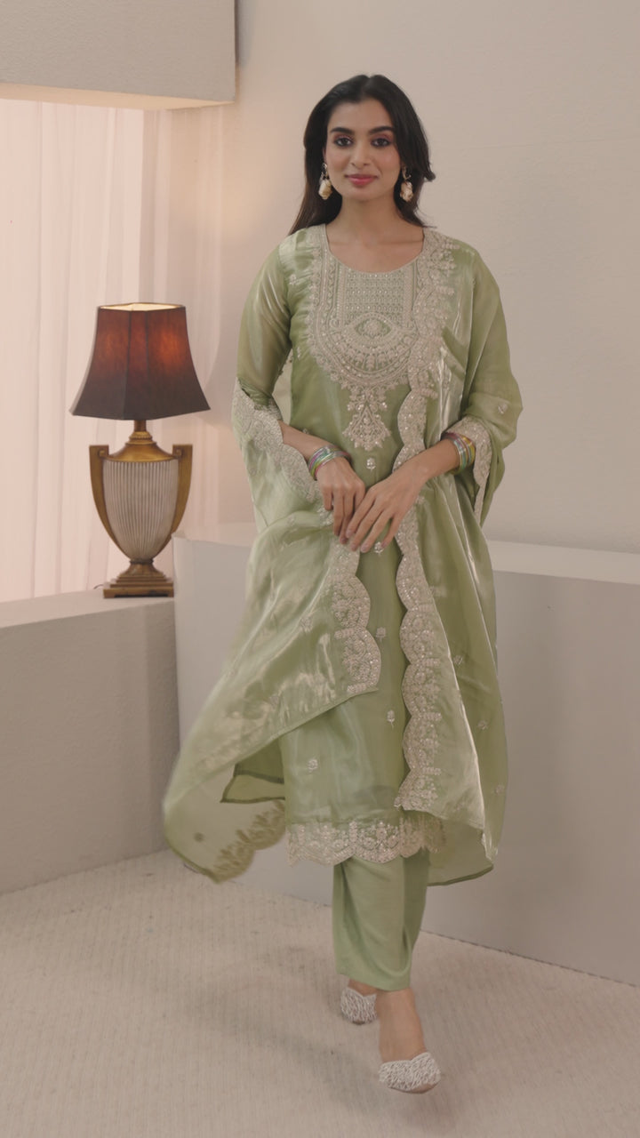 Libas Green Floral Embroidered Tissue Straight Suit Set