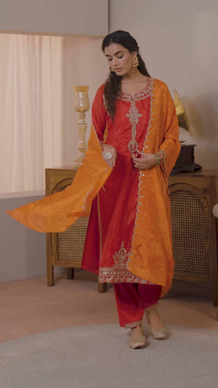 Libas Art Red Embroidered Organza Straight Suit Set With Dupatta