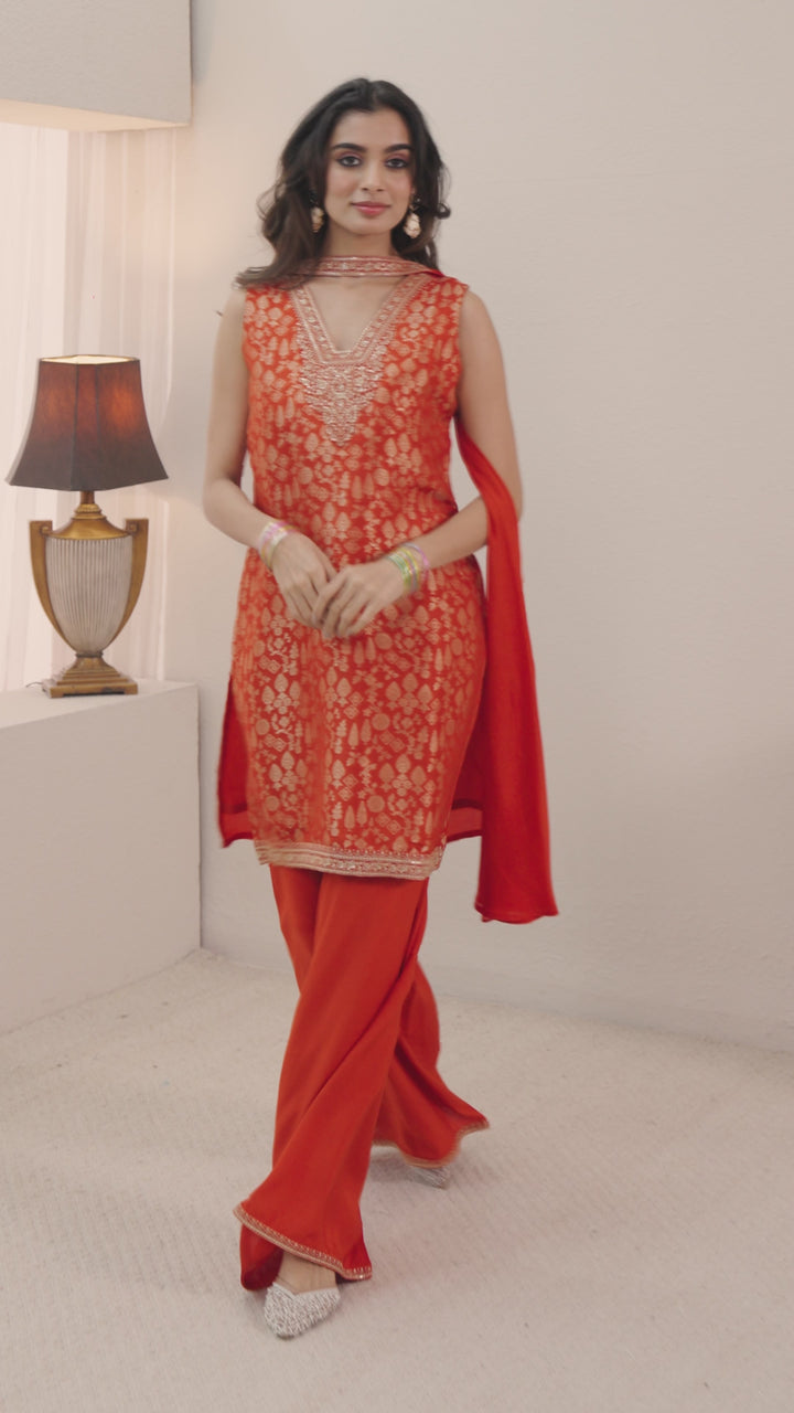 Libas Orange Woven Design Silk Blend Palazzo Suit Set