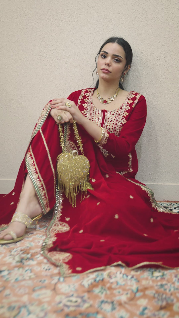 Red Embroidered Velvet Straight Suit Set With Dupatta