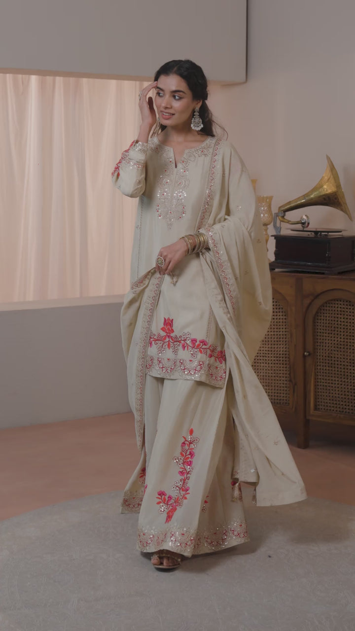 Libas Art Beige Embroidered Chinon Straight Suit Set With Dupatta