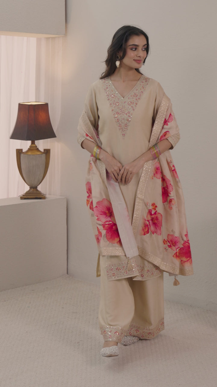 Libas Beige Embroidered Silk Blend Straight Suit Set With Printed Dupatta
