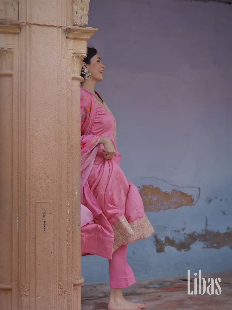 Pink Woven Design Silk Blend Anarkali Suit With Dupatta