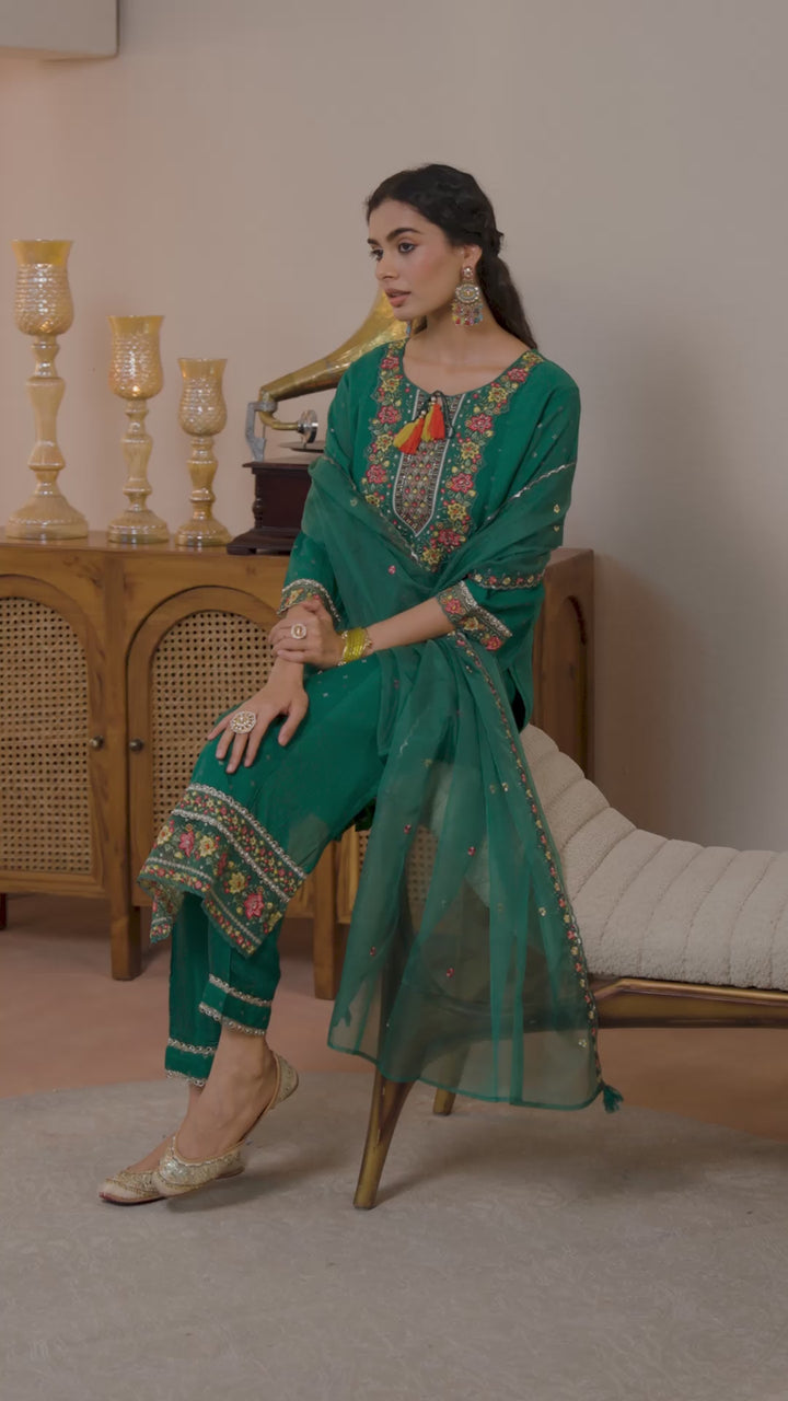 Green Woven Design Chanderi Cotton Straight Suits Set With Dupatta