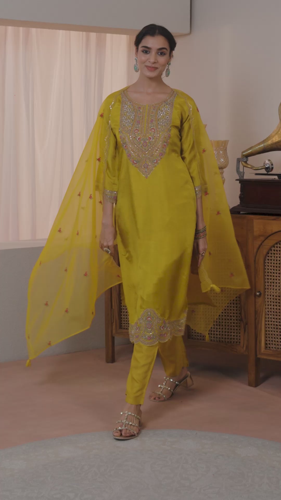 Mustard Ethnic Embroidered Silk Blend Straight Suits Set With Dupatta