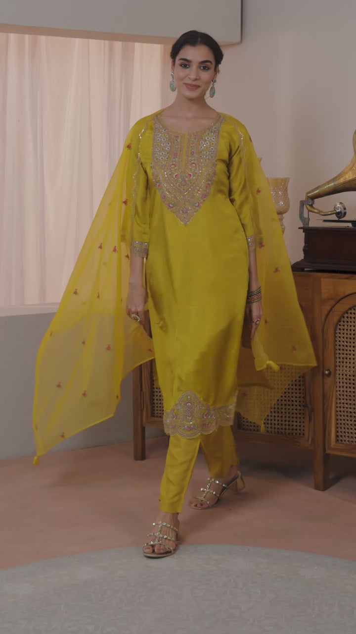 Mustard Ethnic Embroidered Silk Blend Straight Suits Set With Dupatta