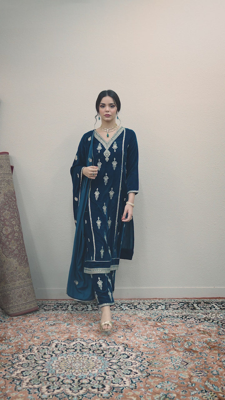 Navy Blue Embroidered Velvet Straight Suit Set With Dupatta