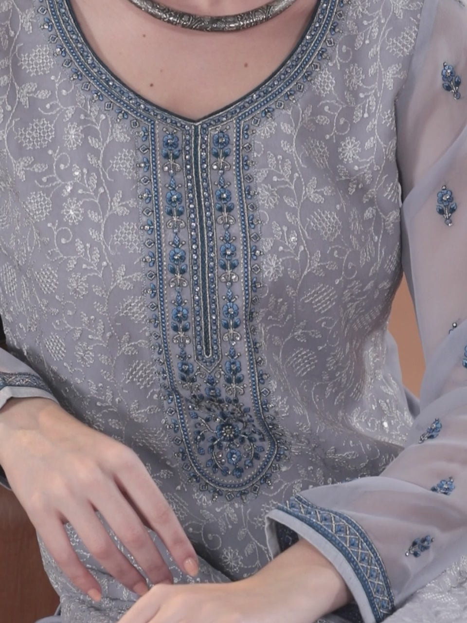 Blue Embroidered Georgette Straight Suit With Dupatta