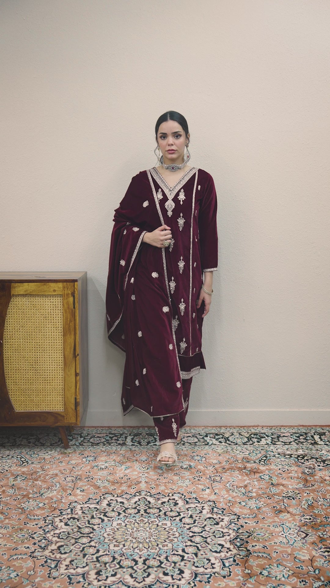 Tejasvini Maroon Embroidered Velvet Straight Suit Set With Dupatta