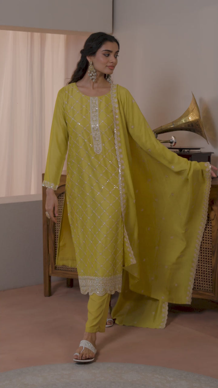 Mustard Embroidered Silk Blend Straight Suit Set With Dupatta