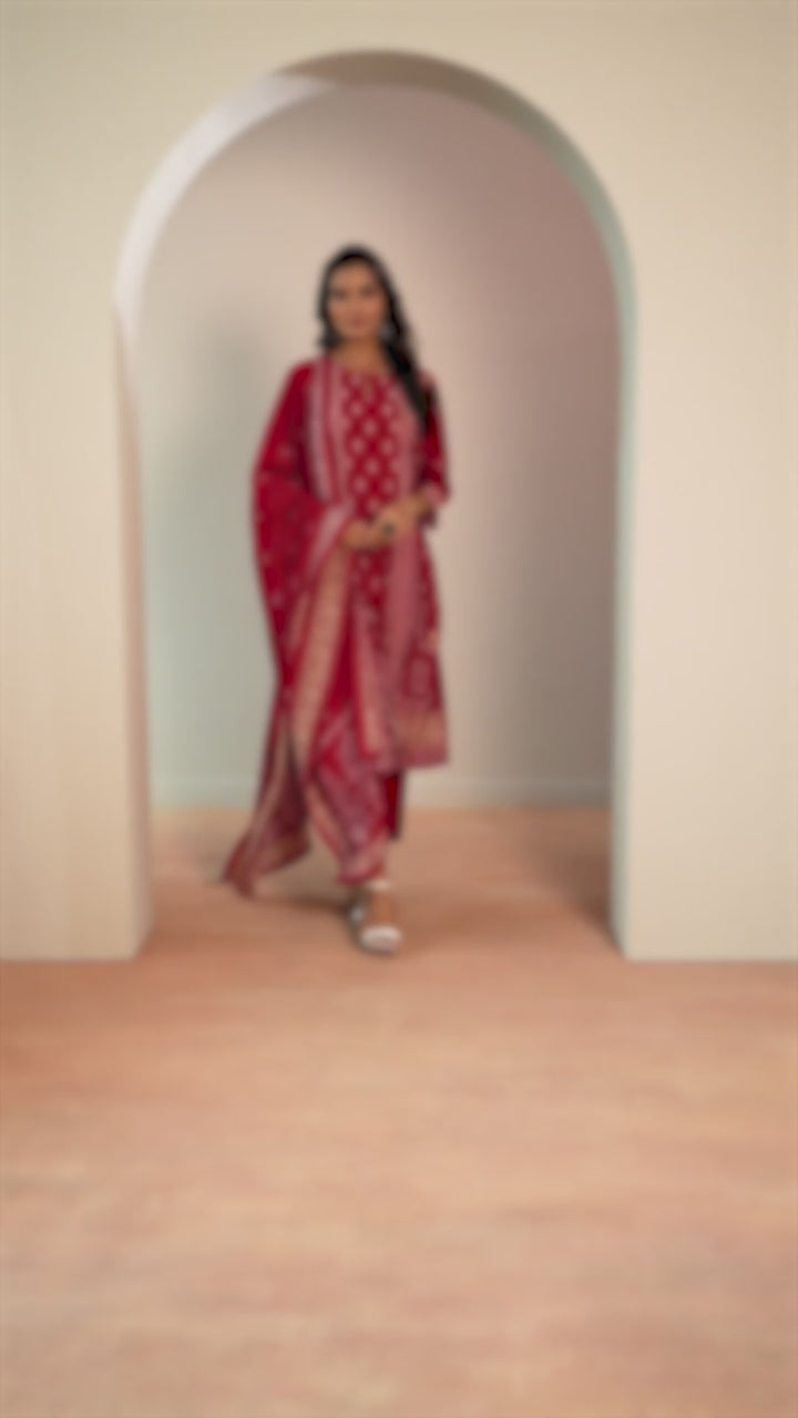Red Printed Silk Blend Straight Suit Set With Dupatta
