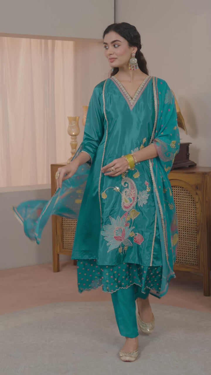 Blue Embroidered Crepe A-Line Suit Set With Dupatta