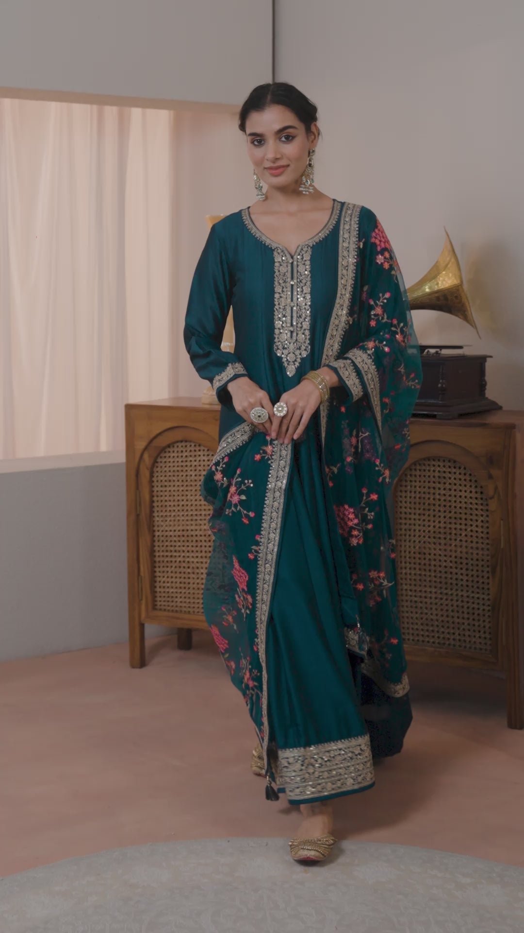 Navy Blue Embroidered Silk A-Line Gown With Dupatta