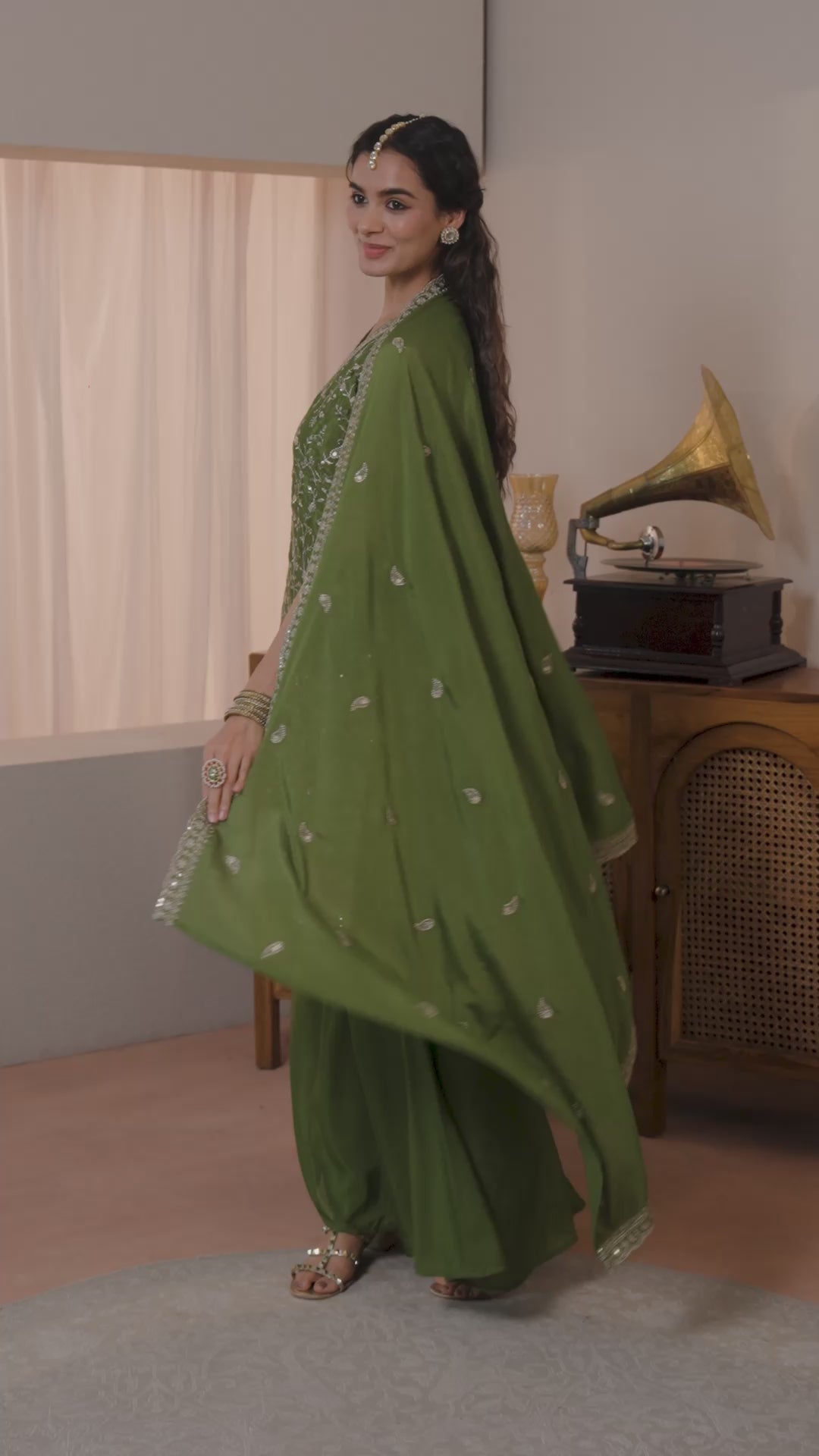 Green Embellished Chinon Palazzo Suit Set With Dupatta