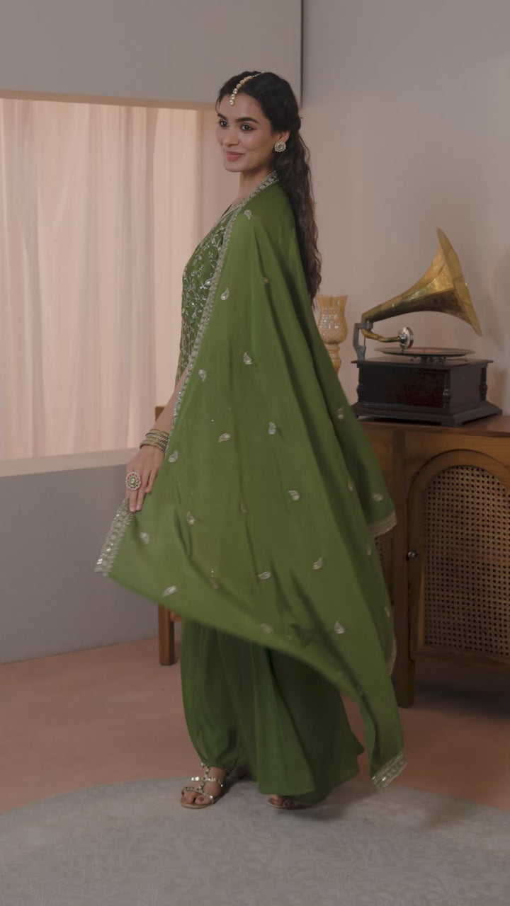Green Embellished Chinon Palazzo Suit Set With Dupatta