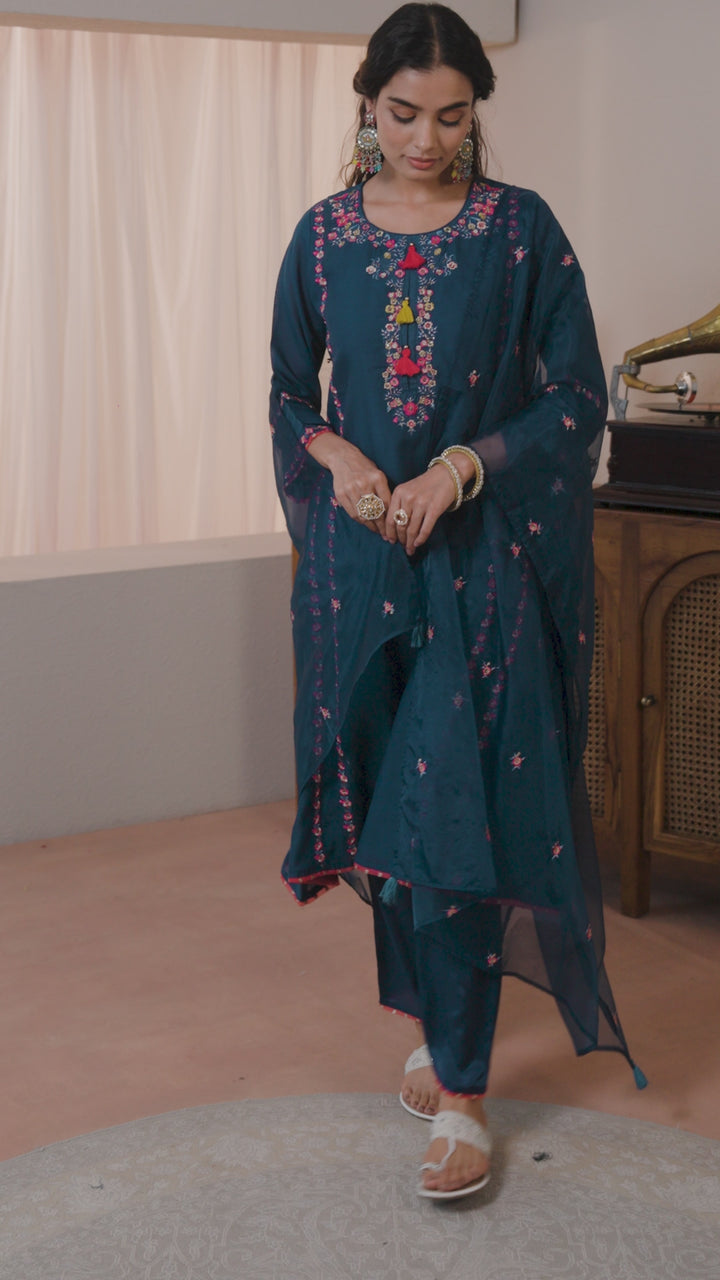 Blue Ethnic Embroidered Chanderi Cotton Straight Suits Set With Dupatta