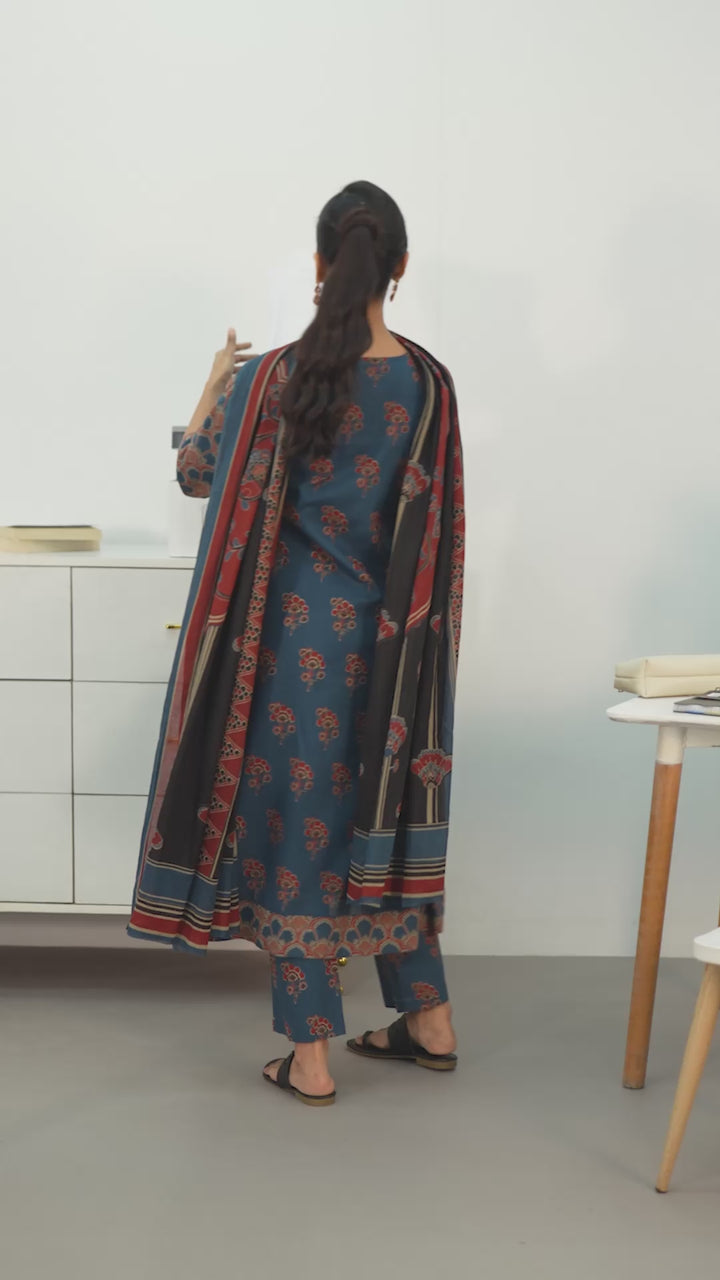 Blue Floral Printed Cotton Blend A-Line Suit Set With Dupatta