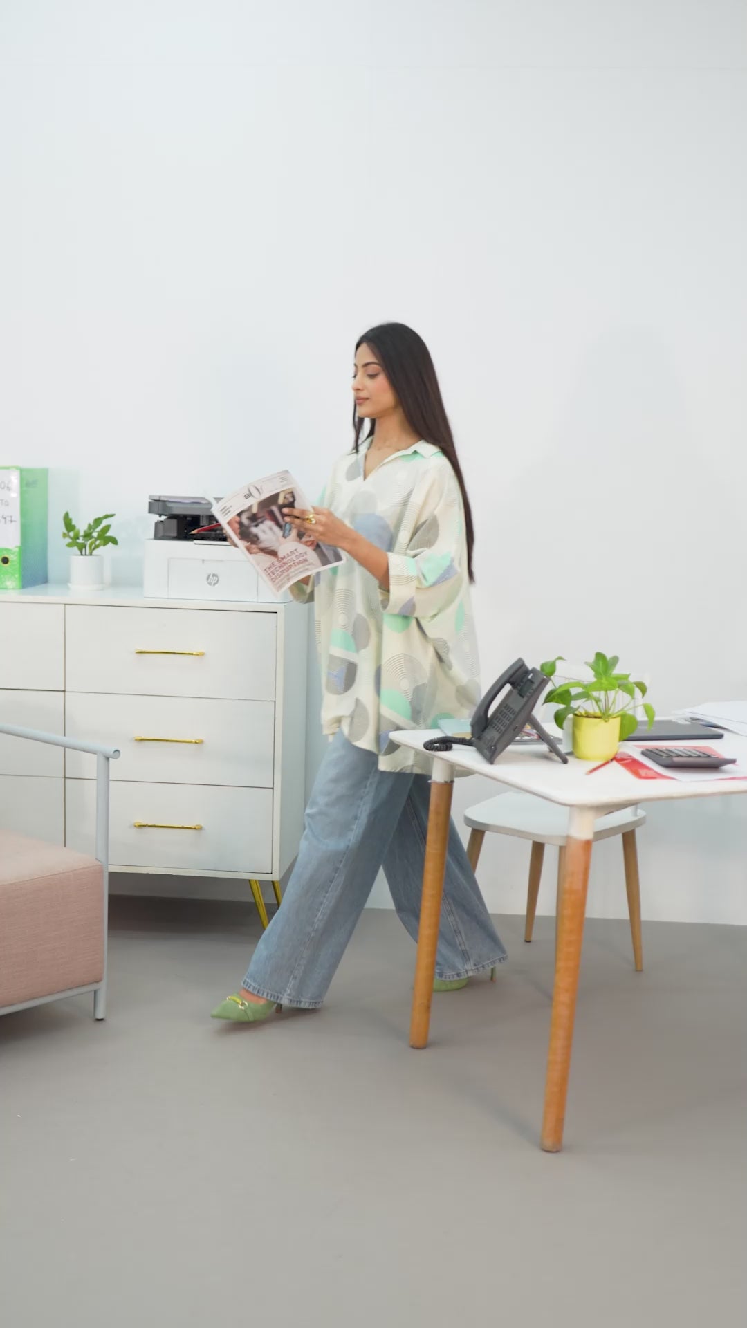 Off White Geometric Printed Cotton Blend A-Line Short Kurti