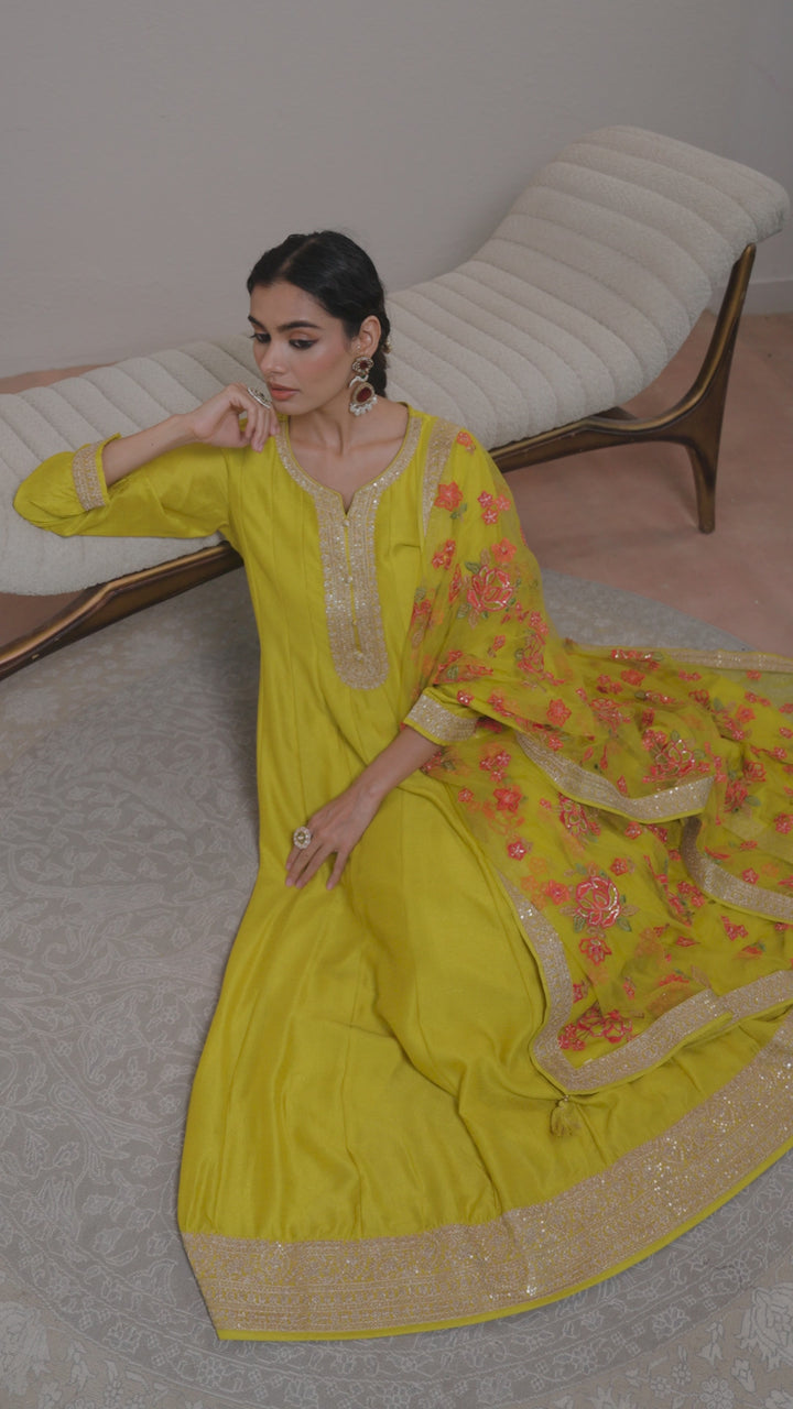 Mustard Embroidered Silk A-Line Gown With Dupatta