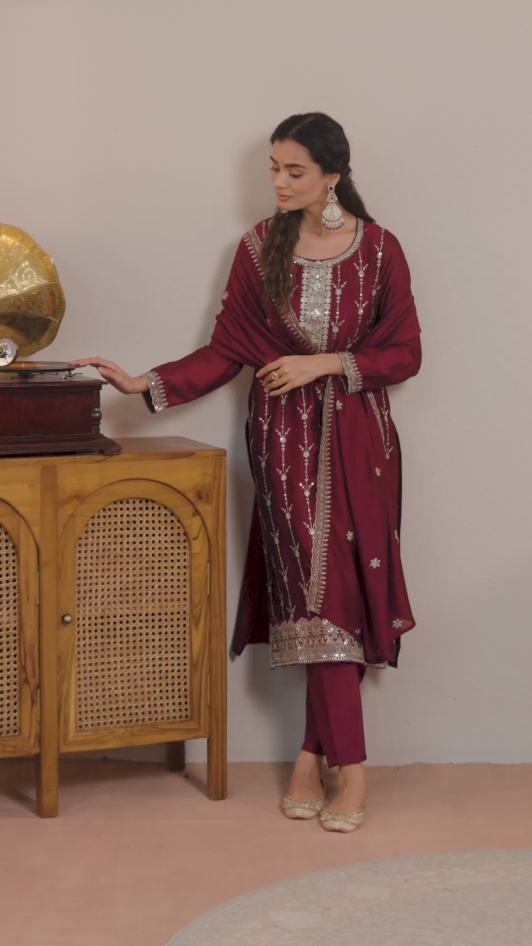 Burgundy Embroidered Silk blend Straight Suit Set With Dupatta