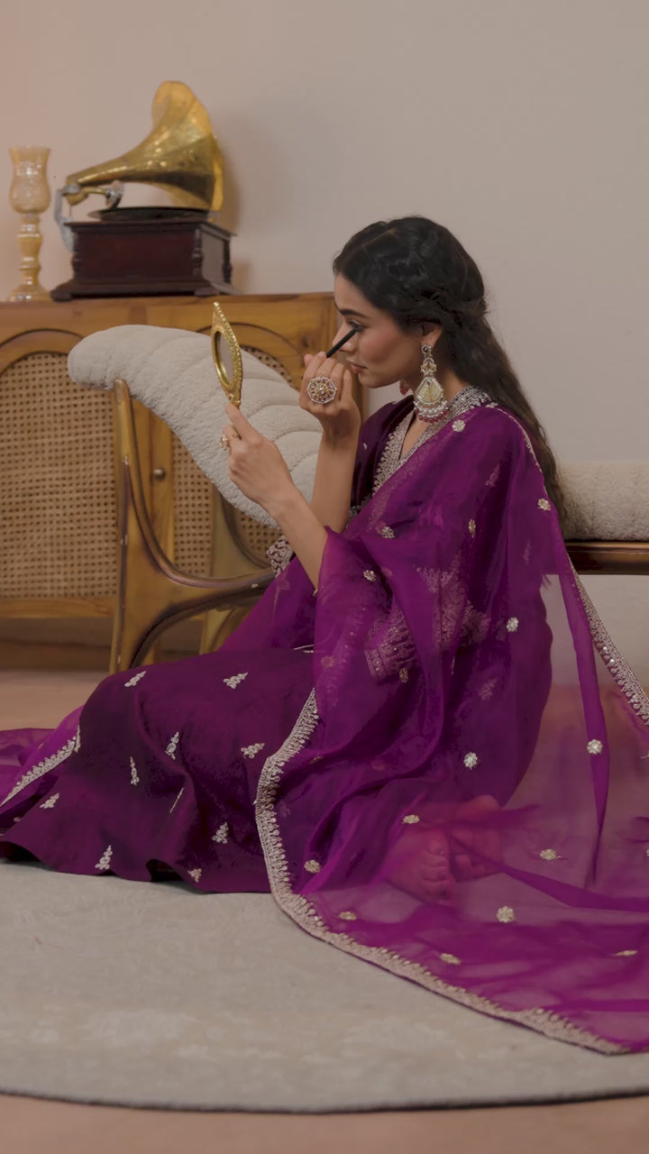 Burgundy Embroidered Silk Blend A-Line Suit Set With Dupatta