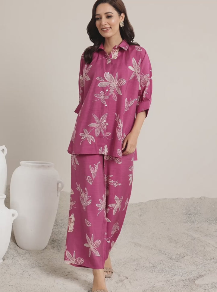 Pink Printed Silk Blend Co-Ord Sets