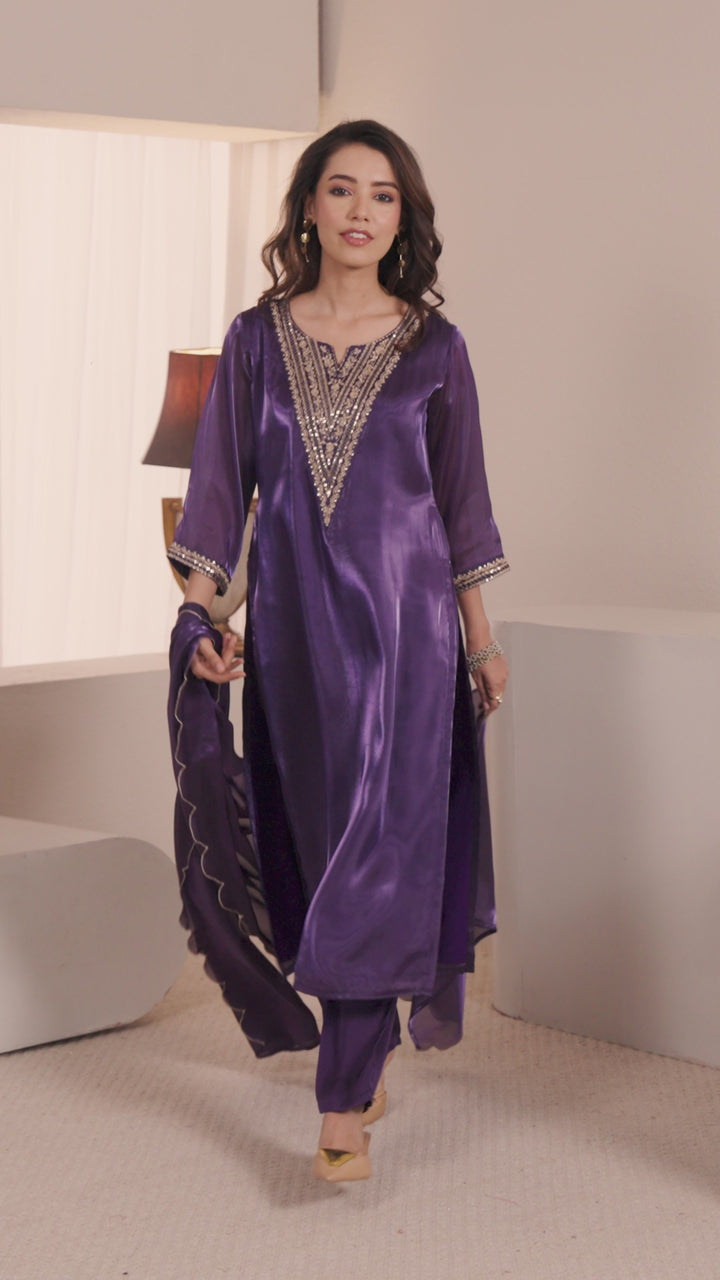 Gerua Purple Yoke Design Straight Suit Set