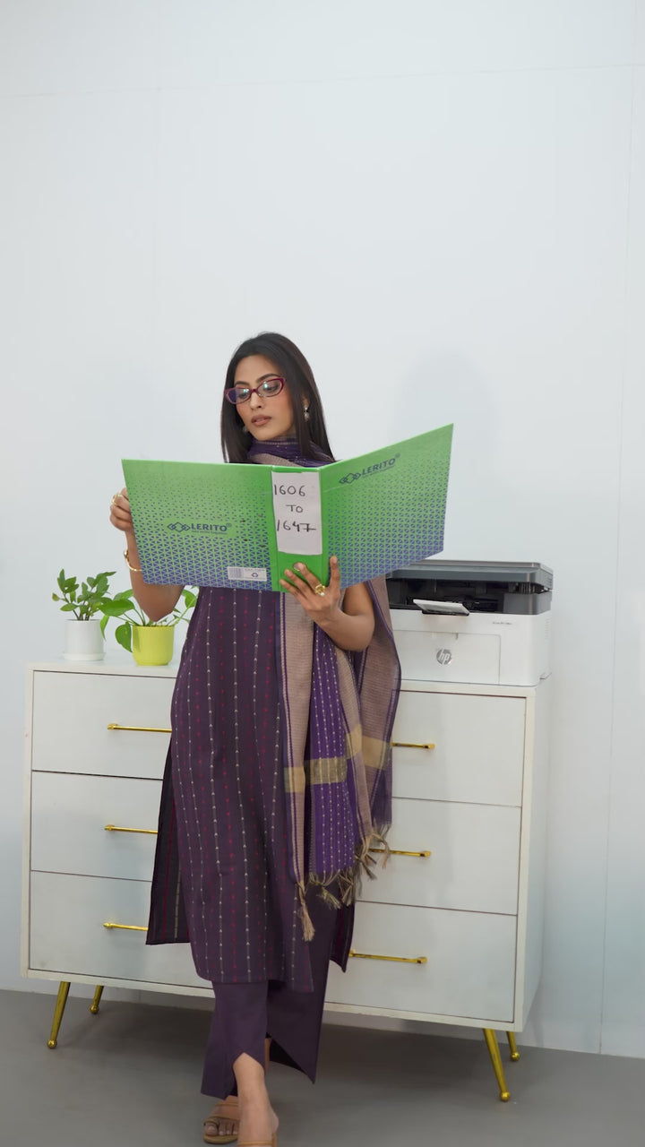 Purple Striped Woven Design Cotton Blend Straight Suit Set With Dupatta