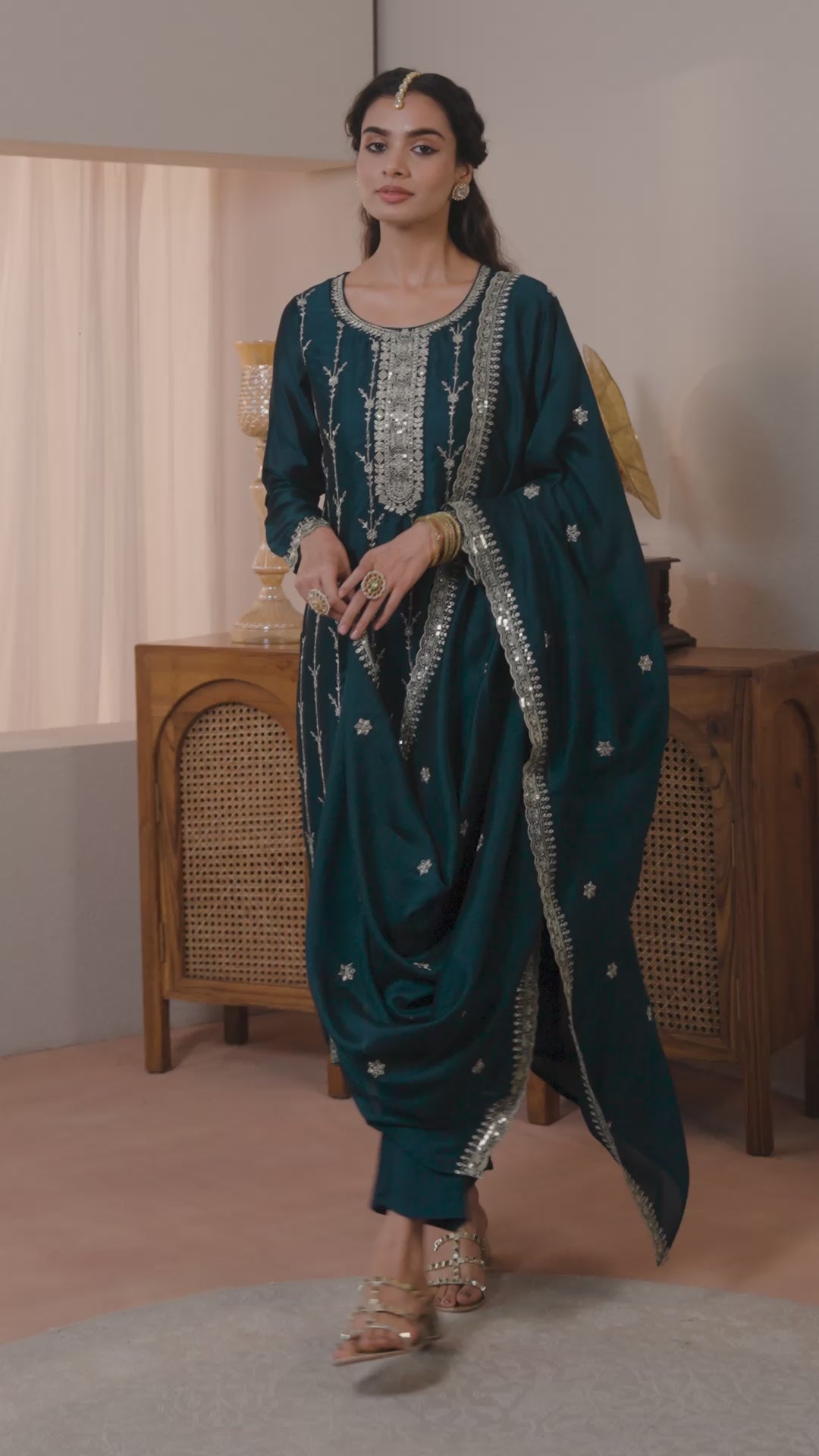 Teal Embroidered Silk Blend Straight Suit Set With Dupatta