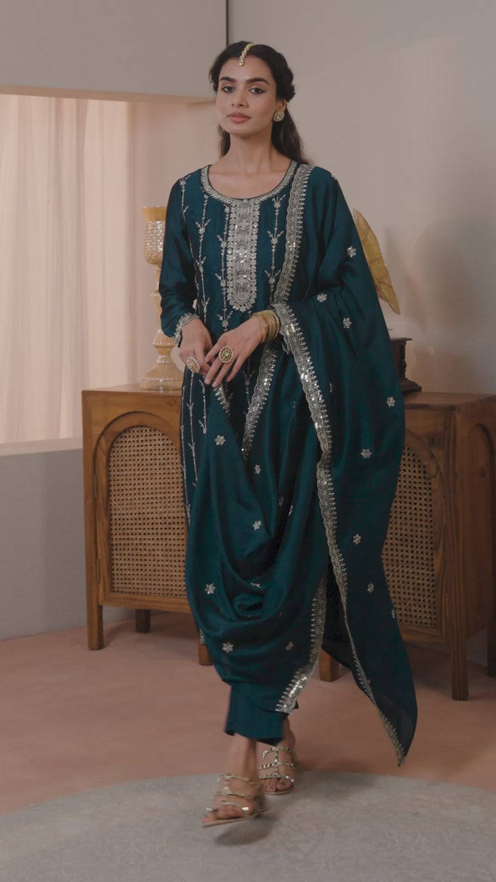 Teal Embroidered Silk Blend Straight Suit Set With Dupatta