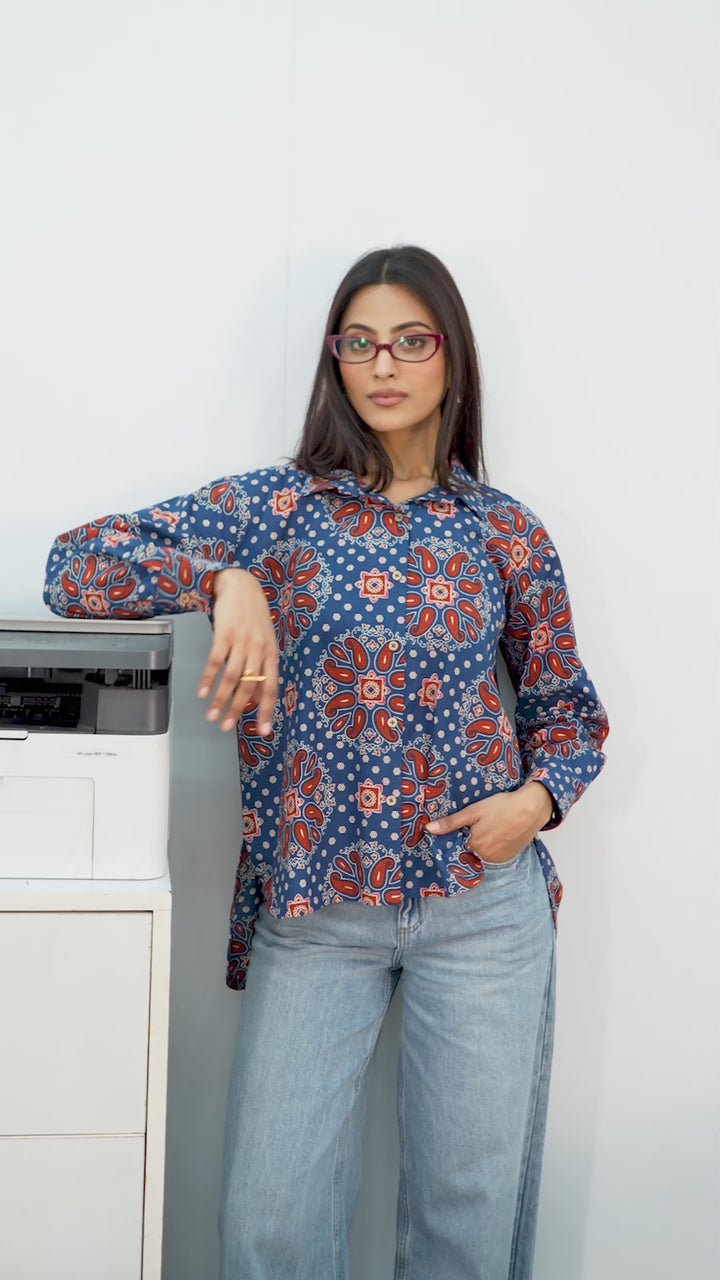 Blue Paisley Printed Cotton Shirt