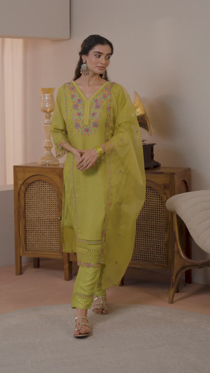 Mustard Ethnic Embroidered Silk Blend Straight Suits Set With Dupatta