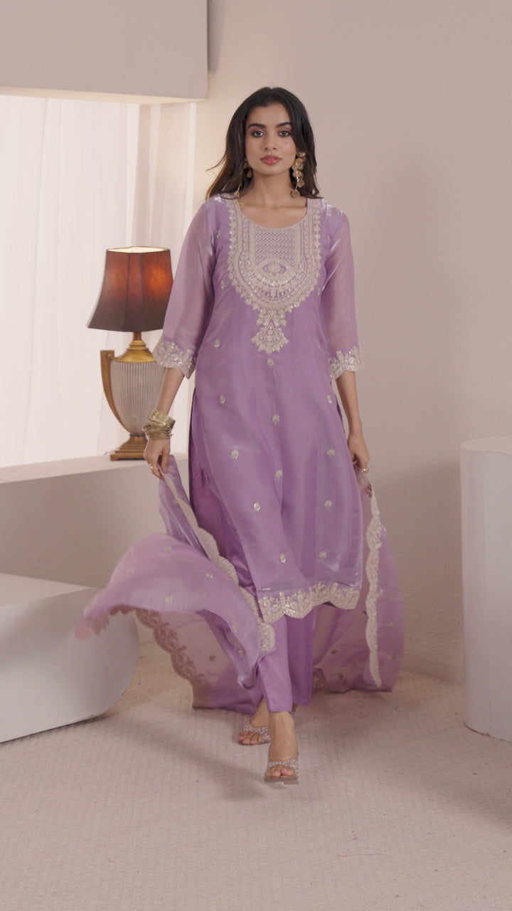 Libas Lavender Floral Embroidered Tissue Straight Suit Set