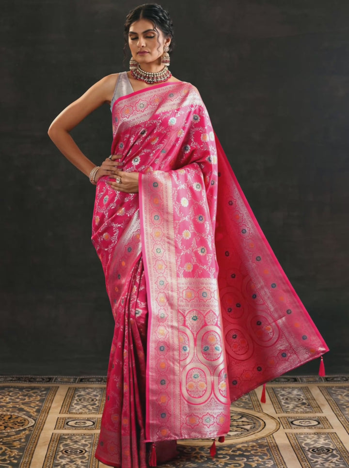 Pink Woven Design Banarasi Silk Blend Saree With Unstitched Blouse Piece