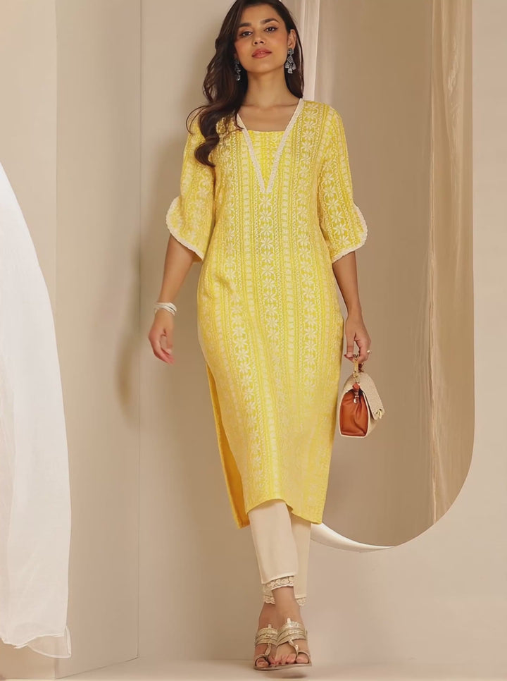 Yellow Printed Rayon Straight Kurta