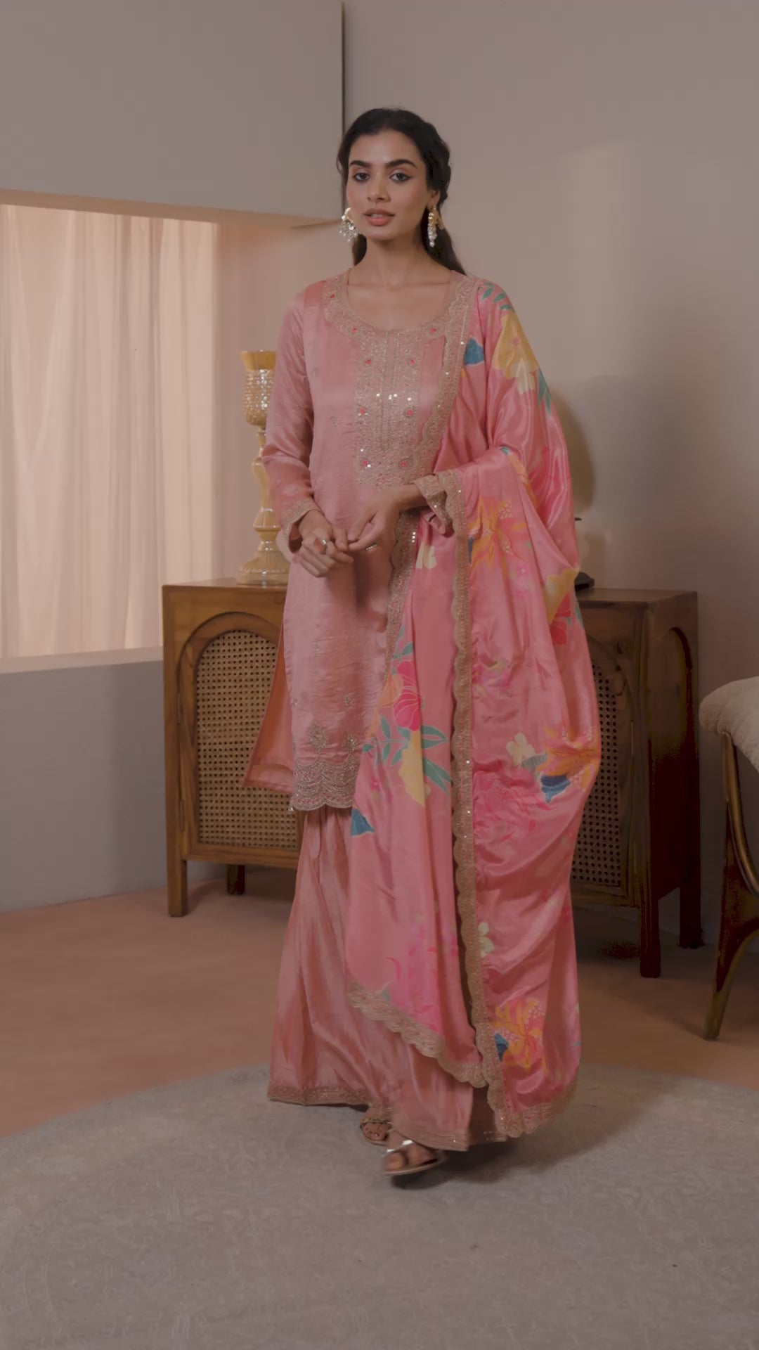 Libas Pink Embroidered Silk blend Straight Suit Set With Dupatta