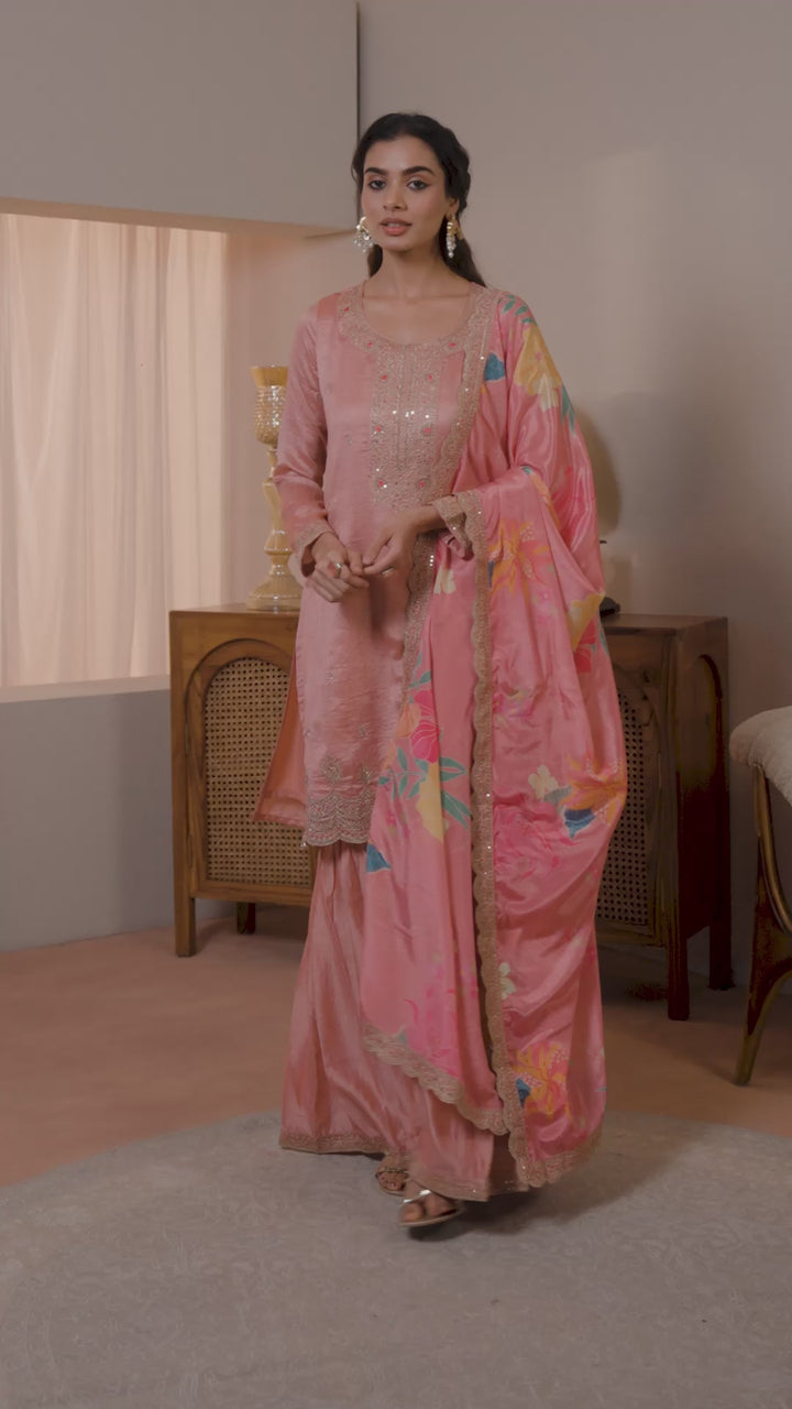 Libas Pink Embroidered Silk blend Straight Suit Set With Dupatta