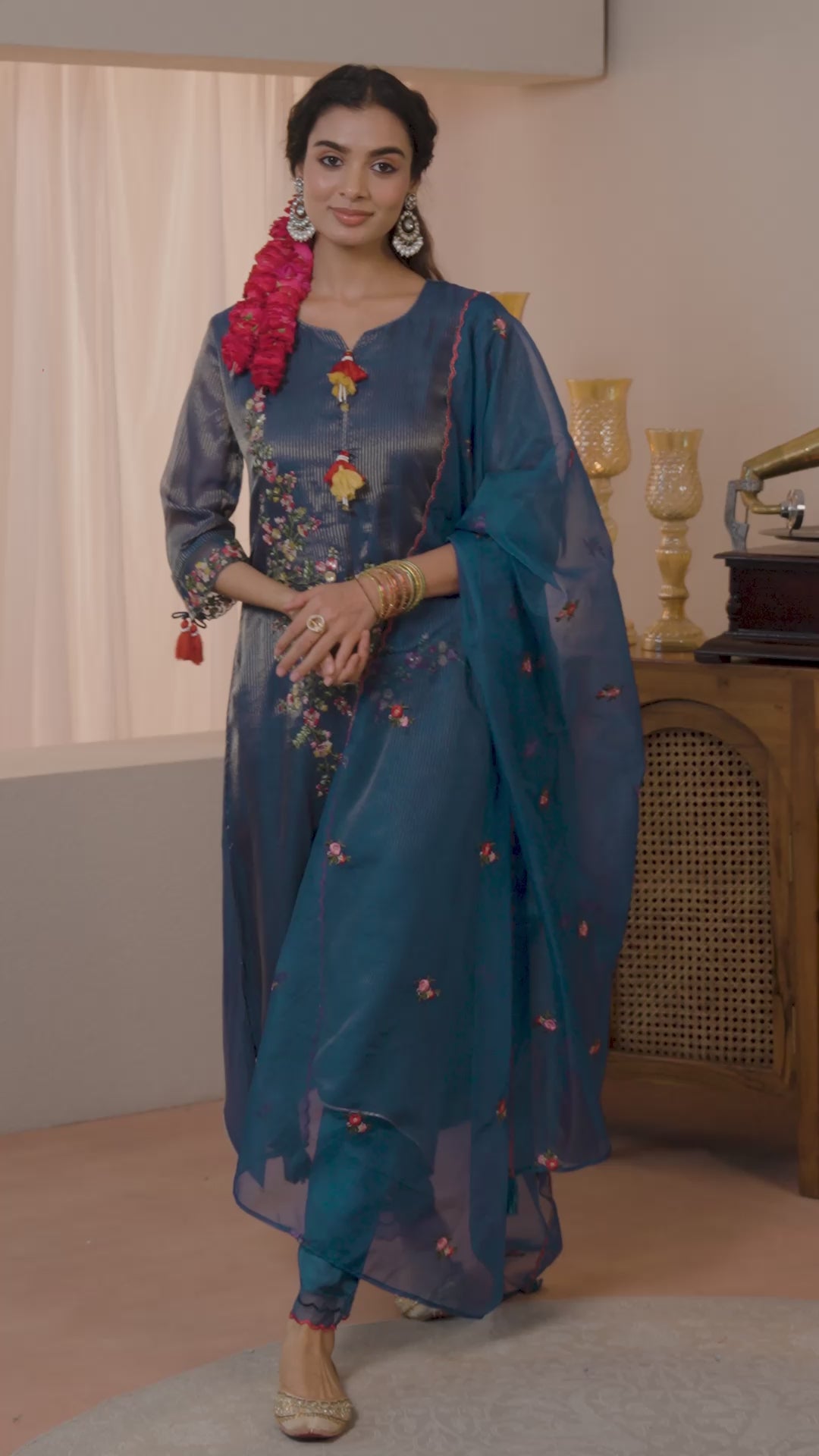 Blue Floral Embroidered Organza A-Line Suits Set With Dupatta