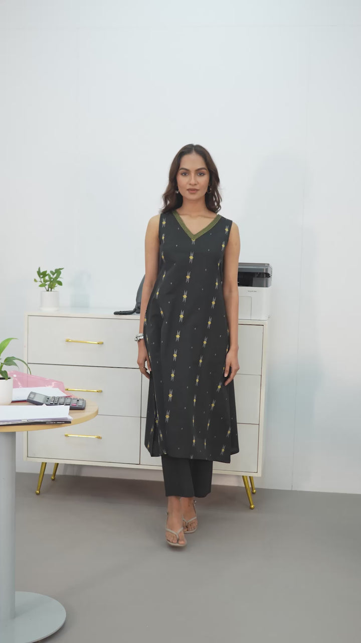 Black Woven Design Cotton Blend A-Line Kurta Set