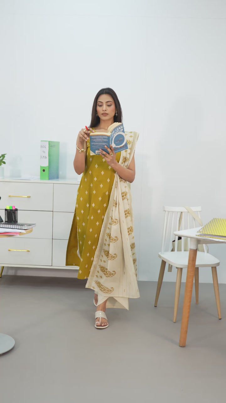 Mustard Ethnic Motifs Printed Cotton Blend Straight Suit Set With Dupatta