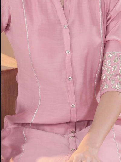 Pink Solid Silk Blend A-Line Kurta With Trousers & Dupatta