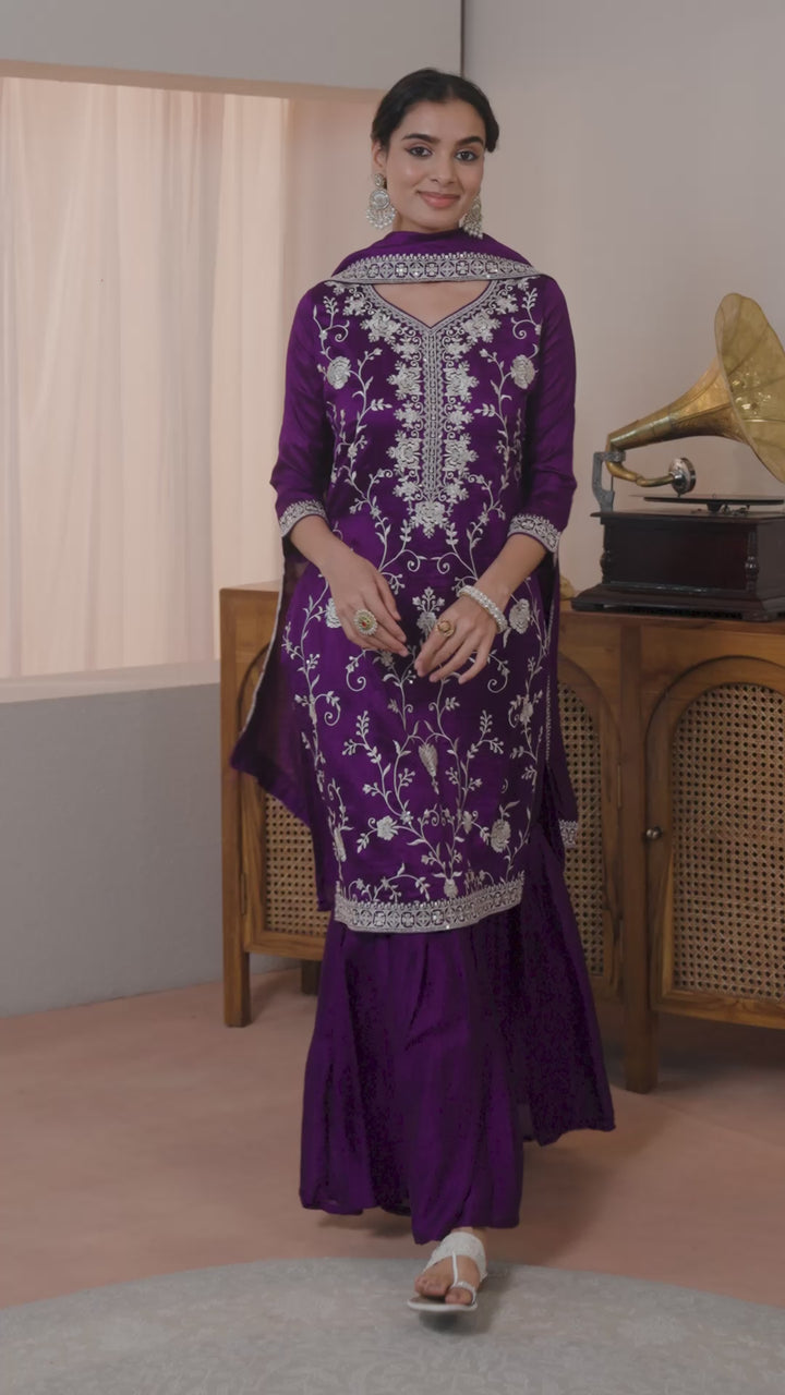 Purple Embroidered Silk Blend Sharara Suit Set With Dupatta
