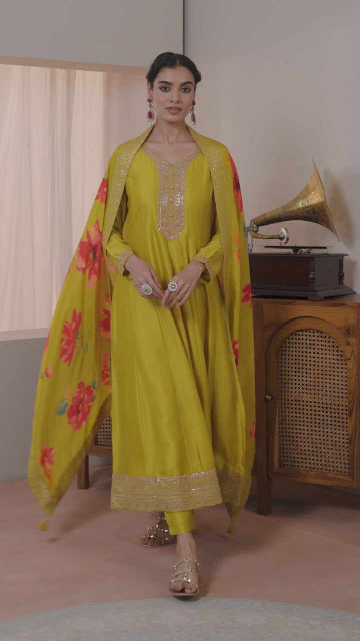 Mustard Embroidered Silk Blend A-Line Suit Set With Dupatta