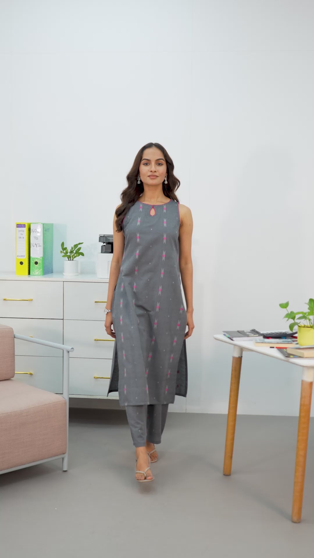 Grey Woven Design Cotton Blend Straight Kurta Set