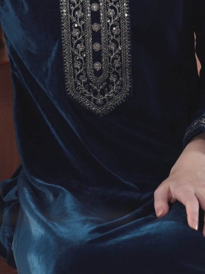 Teal Yoke Design Velvet Straight Suit With Dupatta