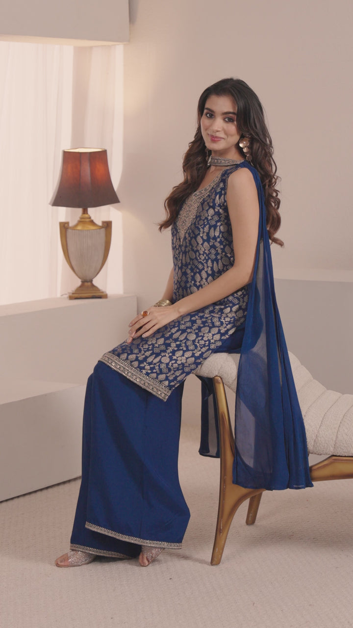 Libas Blue Ethnic Motif Woven Design Silk Blend Straight Suit Set