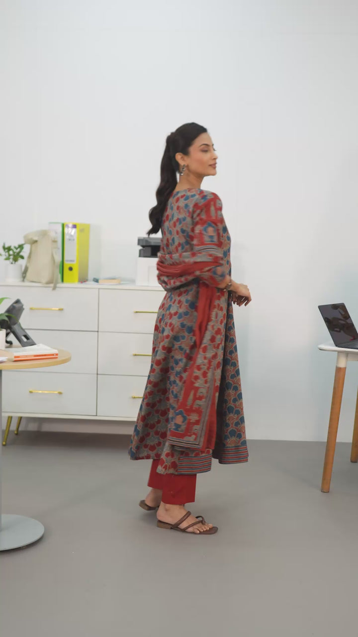 Multi Printed Cotton Blend A-Line Suit Set With Dupatta