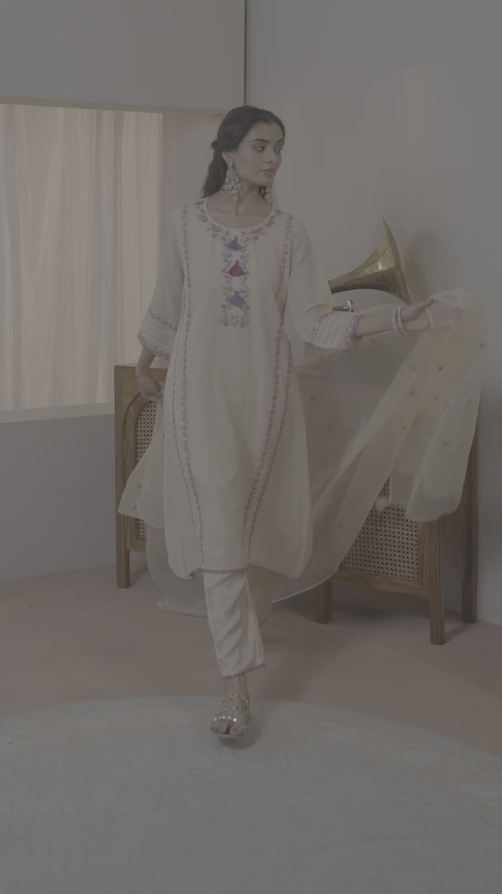Cream Ethnic Embroidered Chanderi Cotton Straight Suits Set With Dupatta