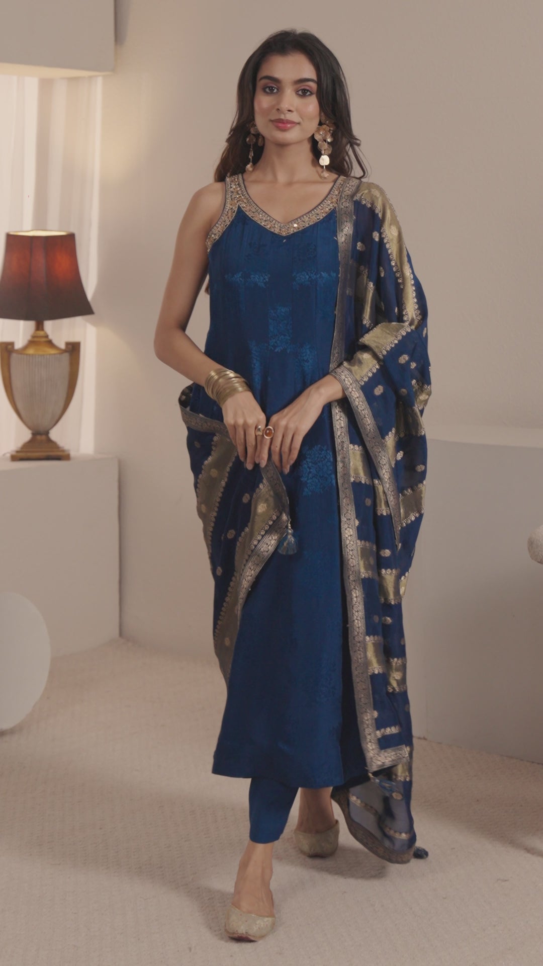 Libas Art Navy Blue Woven Design Silk Blend A-Line Suit Set With Dupatta