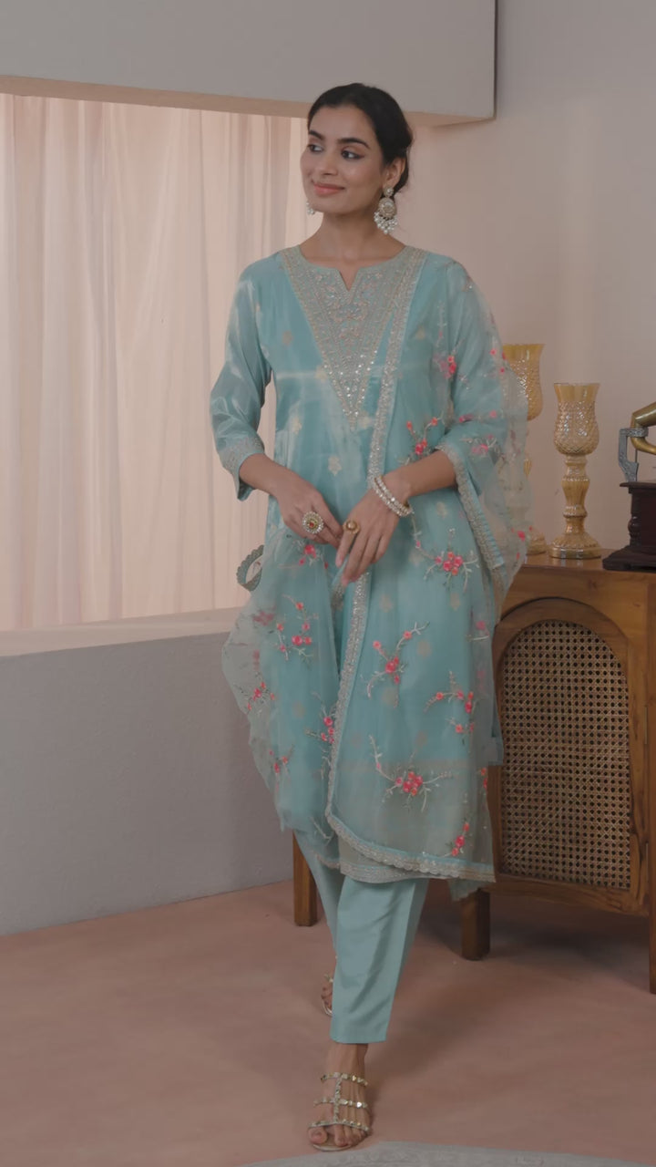 Blue Woven Design Silk Blend Straight Suit Set With Dupatta